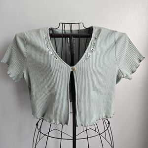 Bentley Vintage Cottagecore Green Cropped Cardigan with Spring Floral Embroidery